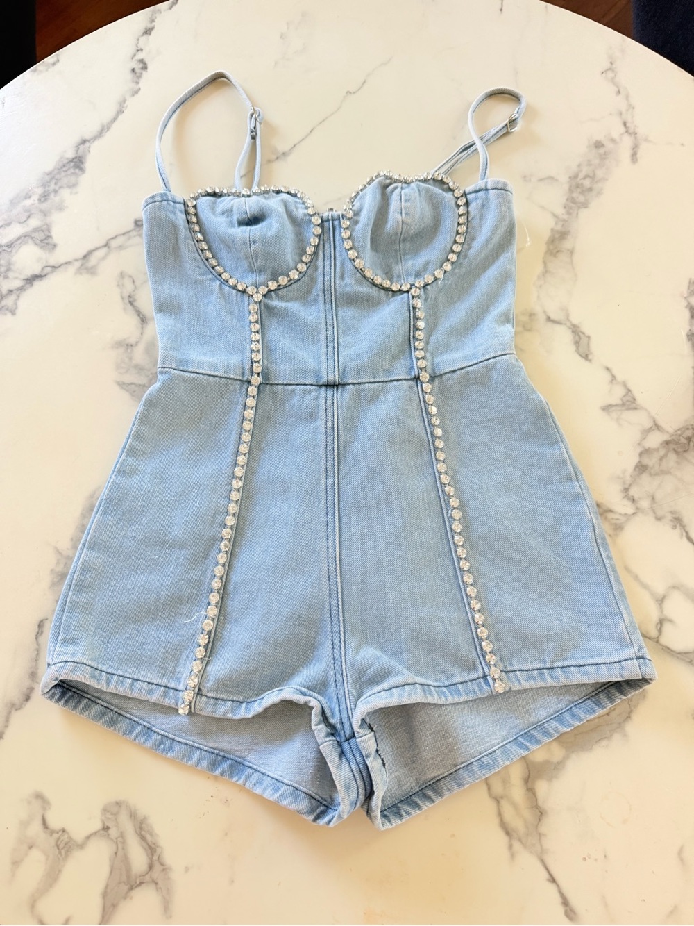 Light Wash Denim Rhinestone Bustier Romper